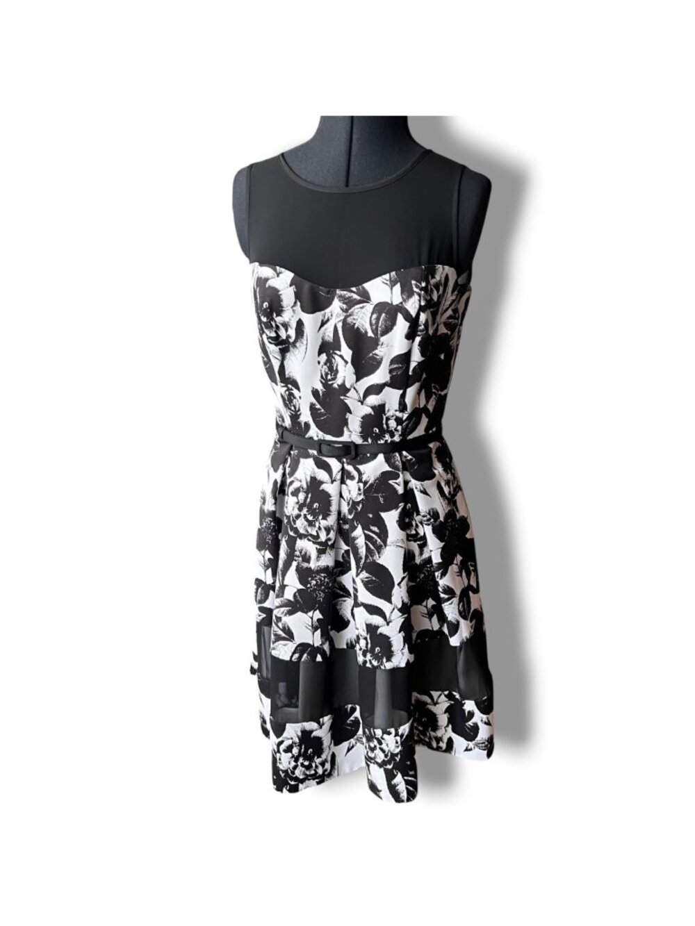 White House Black Market Floral & Sheer Sleeveless Fit & Flare Dress With Belt -